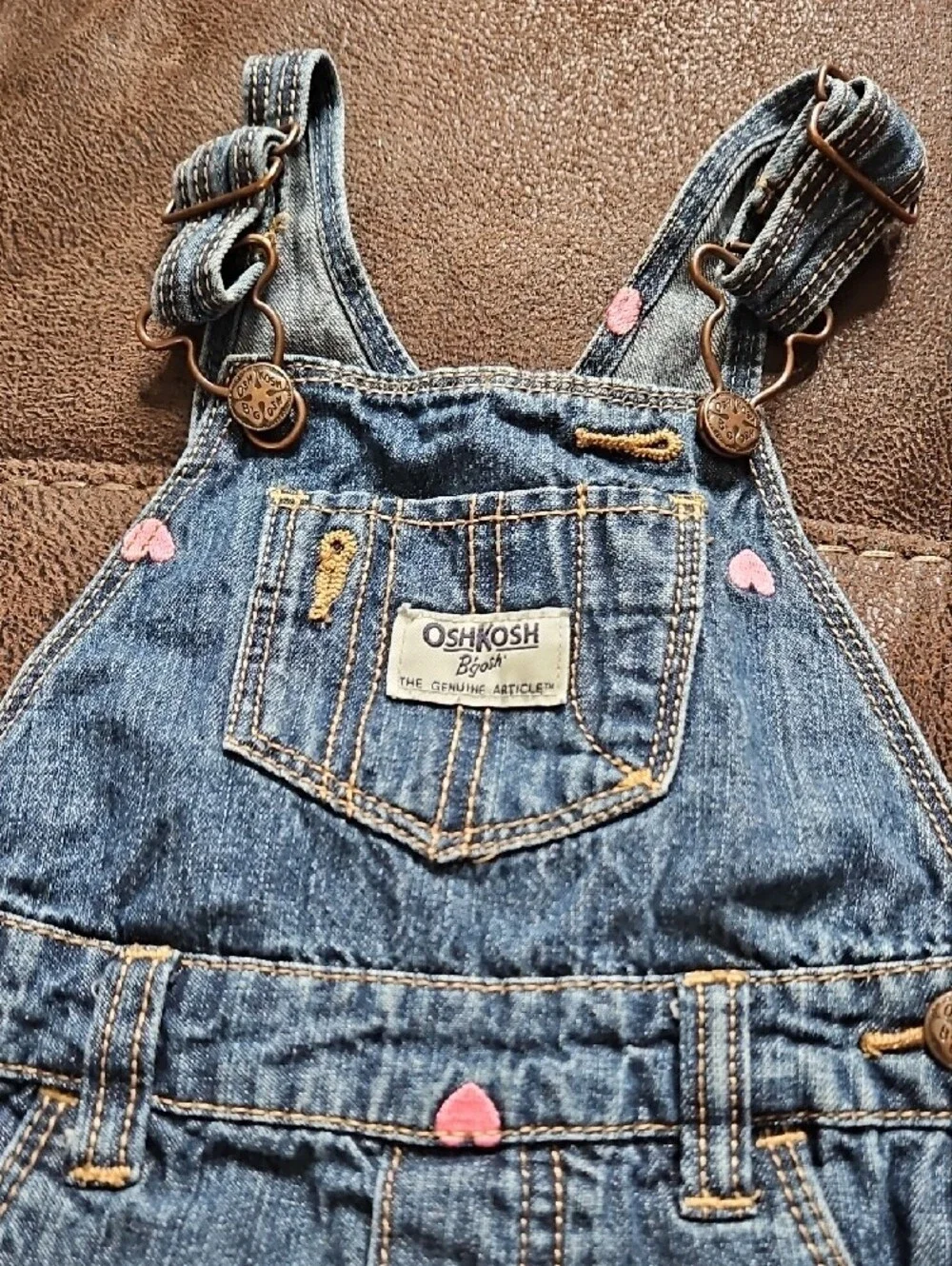 OshKosh B'gosh Blue Denim Shortall with Pink Hearts 12 Months